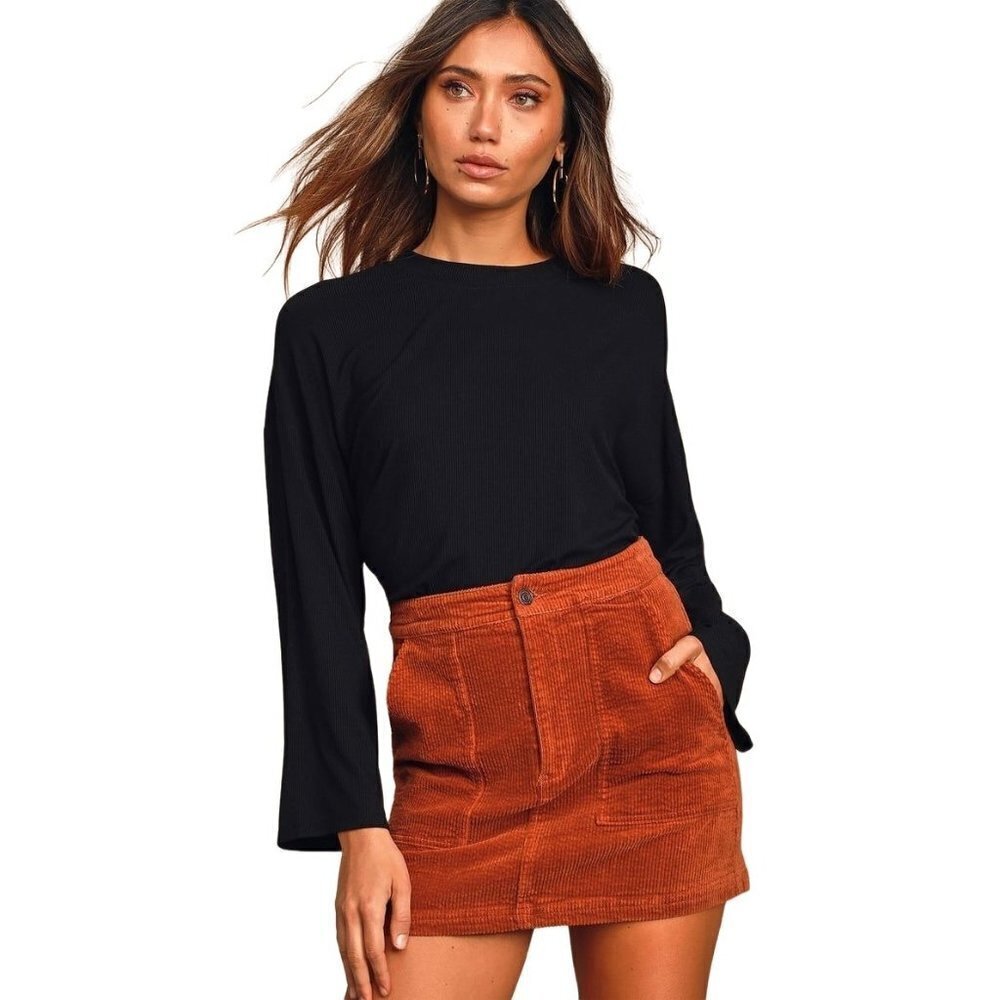 Lulus Mercurio Black Loose Ribbed Drop Shoulder Long Sleeve Top Size S
